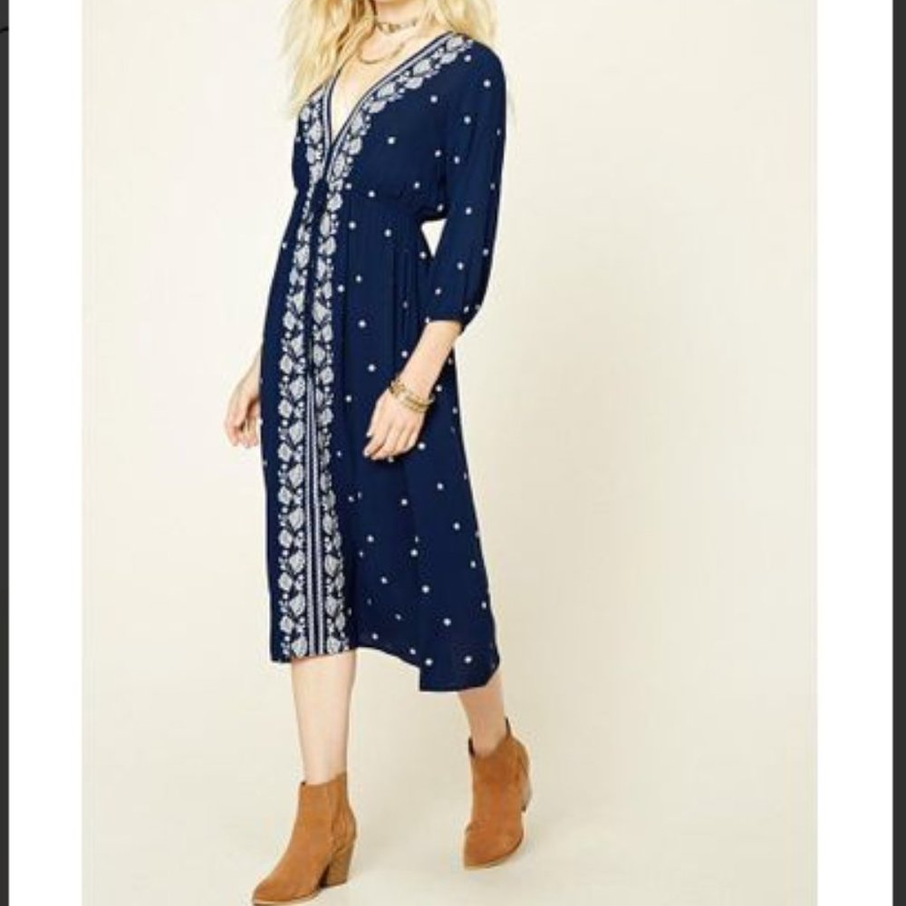 Forever21 Blue Floral Embroidered Midi Dress